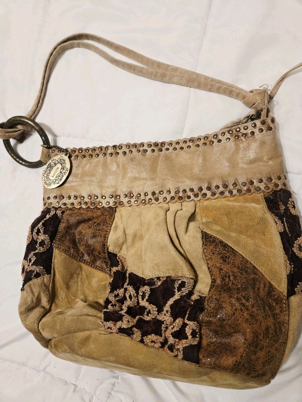 Vtg Kenzie Tan Leather Studded Patchwork Shoulder Purse Boho Hippy Y2K Western